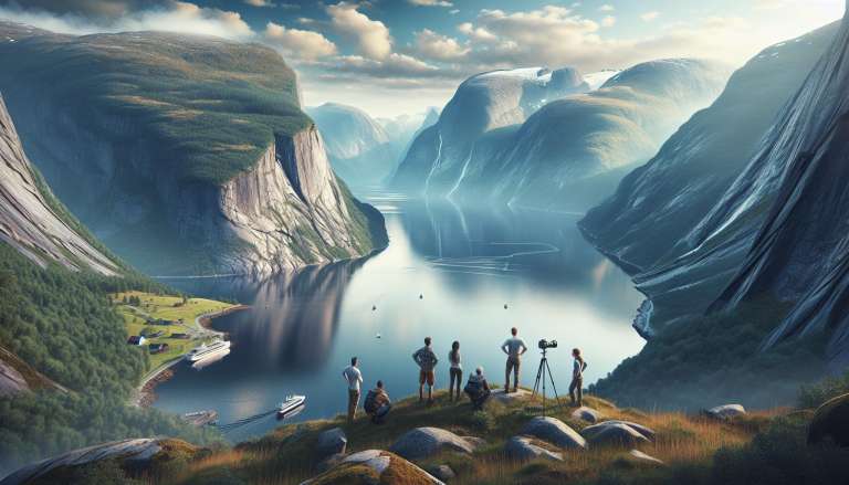Mensen bewonderen spectaculair fjordlandschap met camera's en boten.