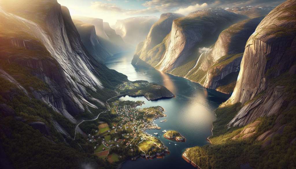 Noors fjordlandschap met dorp en bergen.