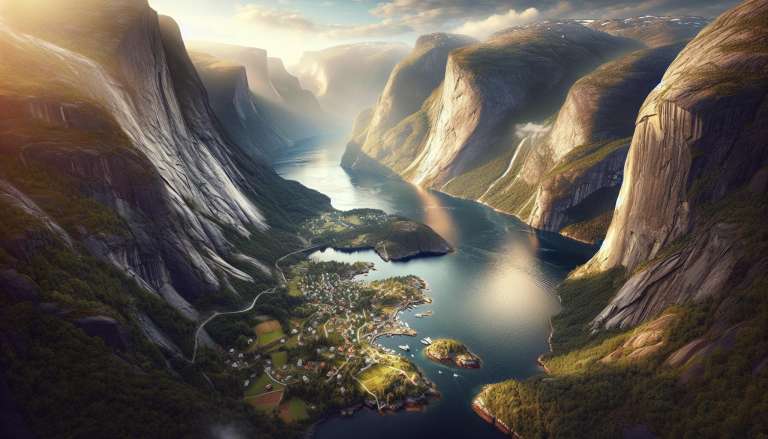 Noors fjordlandschap met dorp en bergen.