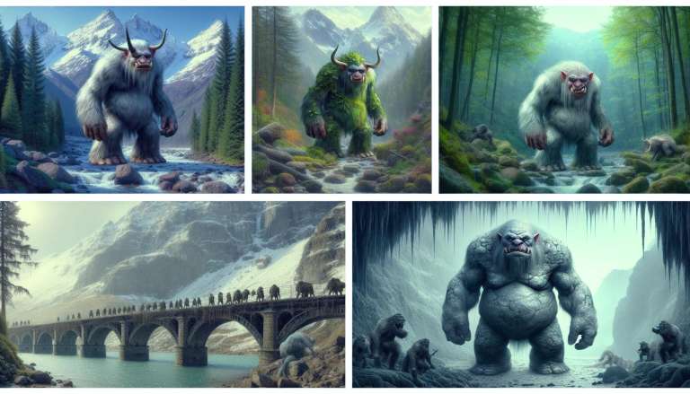 Fantasierijke yeti's in diverse berglandschappen.