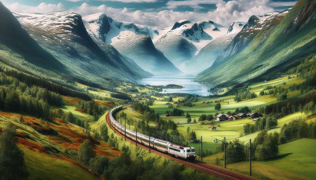 Trein rijdt door bergachtig landschap.