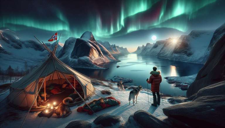 Noorderlicht, tent, bergen, husky's, persoon, Noorse vlag.