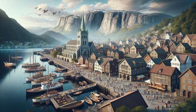 Historische havenstad met kerk, boten en fjordgebergte.