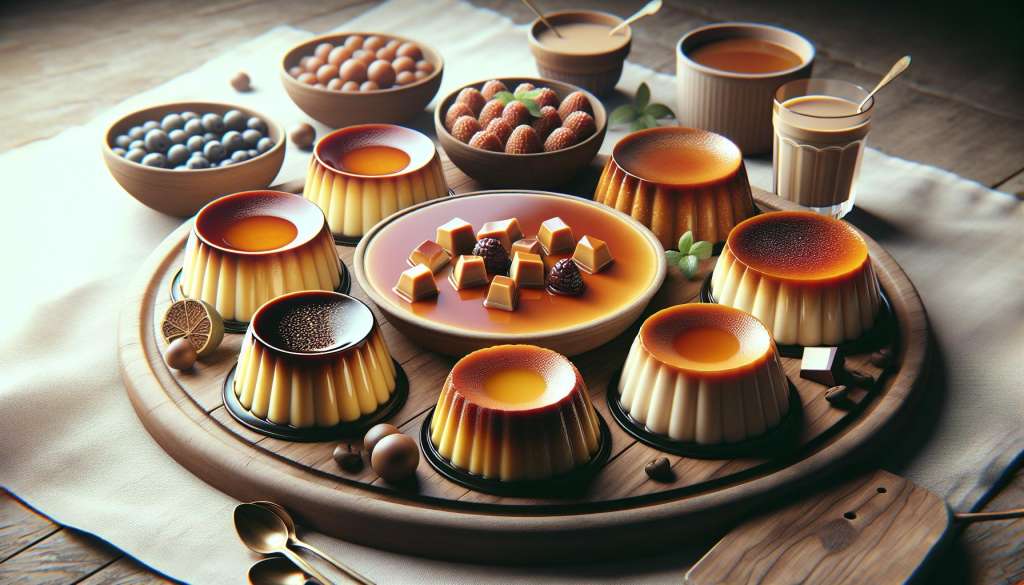 Diverse collectie van heerlijke puddingen en desserts.