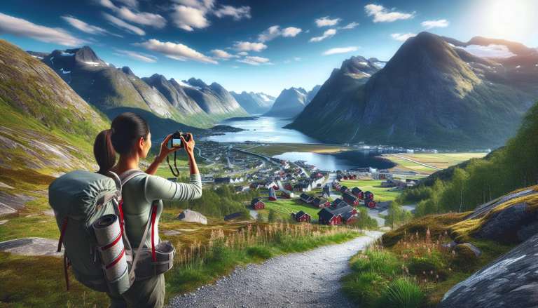 Wandelaar fotografeert Noorse fjordlandschap.