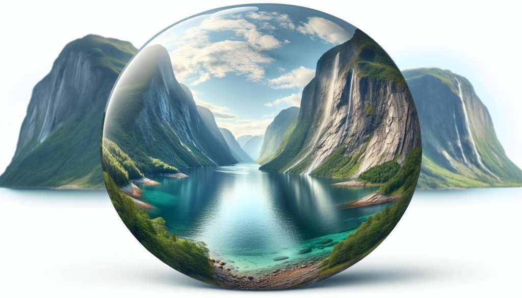 Glazen bol reflecteert schilderachtige bergvallei met meer.