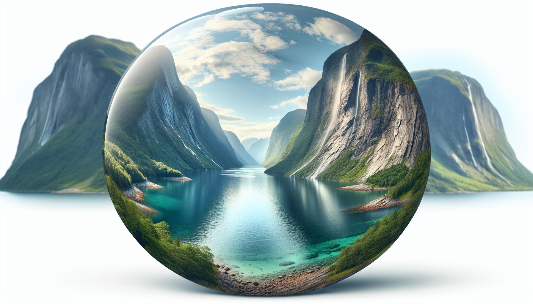 Glazen bol reflecteert schilderachtige bergvallei met meer.