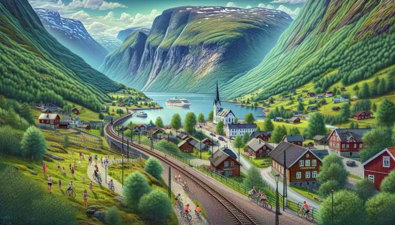 Idyllisch Noors fjorddorpje met trein en cruiseschip.
