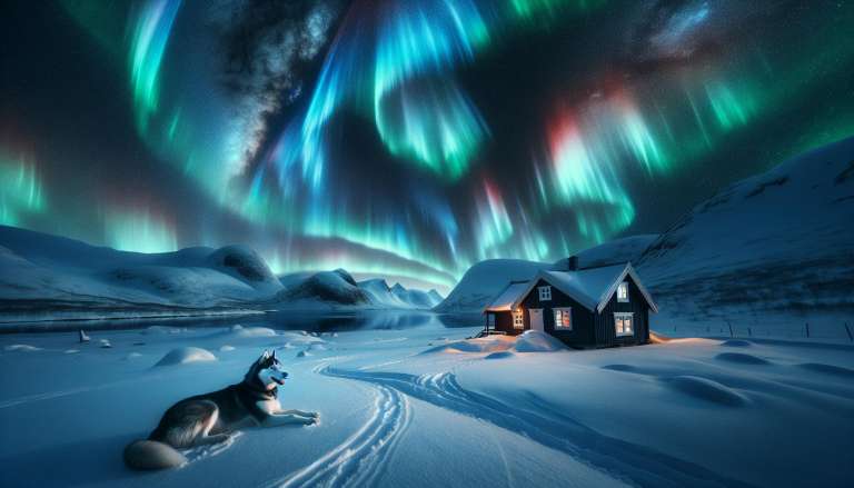 Noorderlicht, sneeuw, huisje, husky, nachtlandschap.