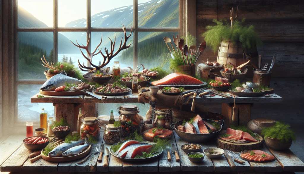 Rustieke tafel vol met verse vis en Scandinavische gerechten.