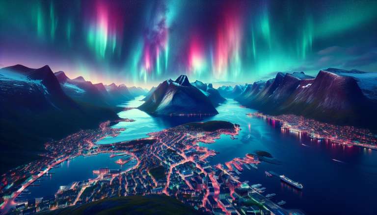 Noorderlicht boven fjord en bergen in nachtlandschap.