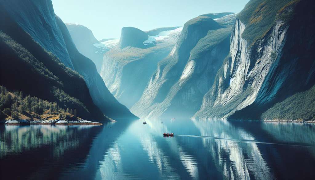 Noorse fjorden, reflecterend water, boten, bergen.