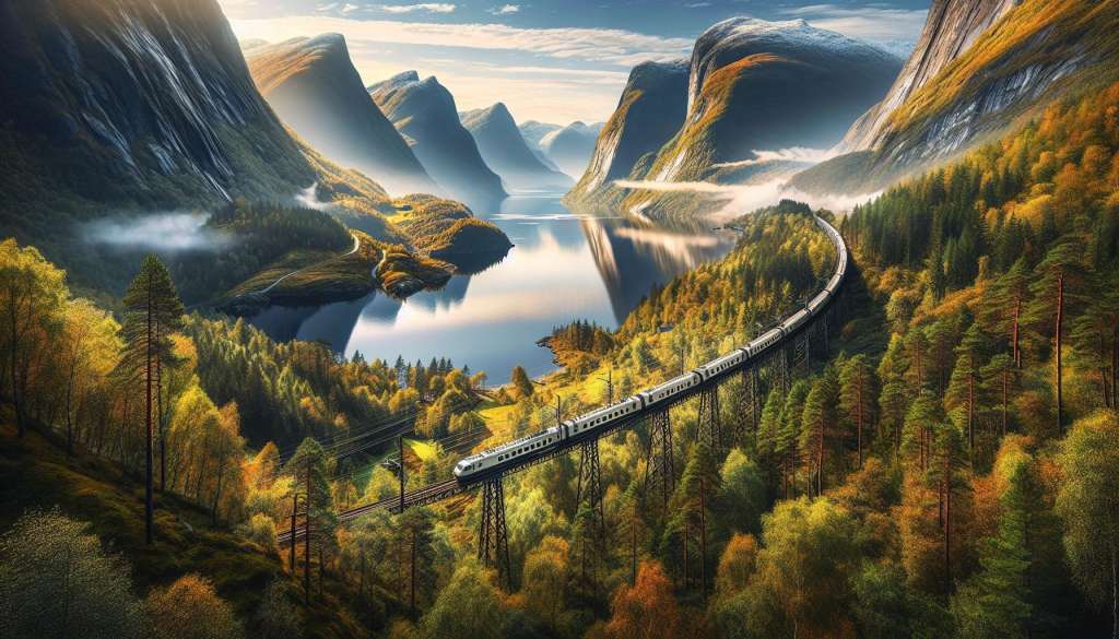Trein rijdt door herfstig berglandschap met reflecterend meer.