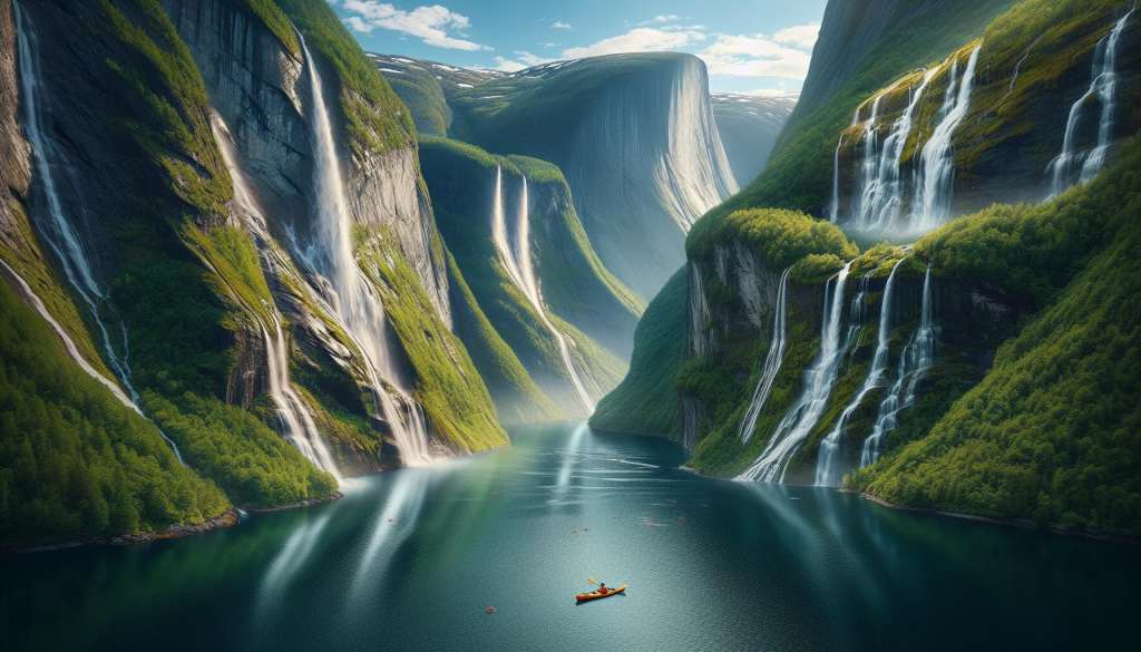 Fjord met watervallen en kajak in Noorwegen