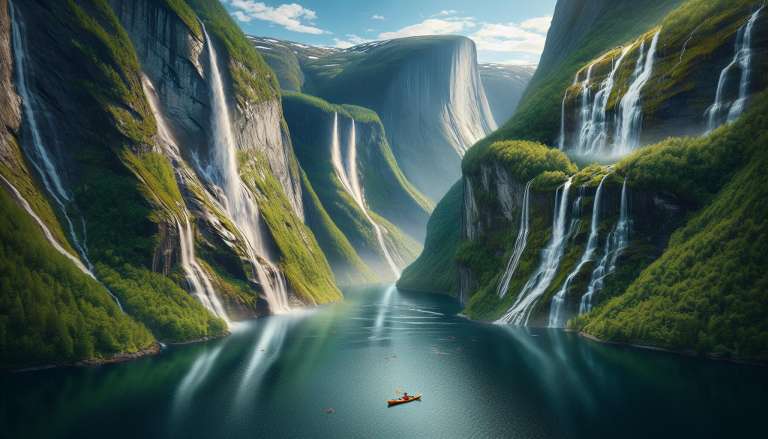 Fjord met watervallen en kajak in Noorwegen