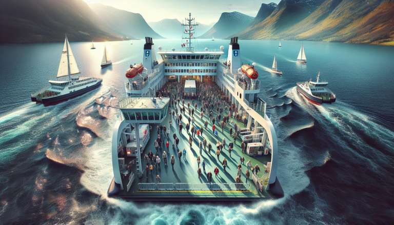 Veerboot met passagiers en zeilboten op zee.