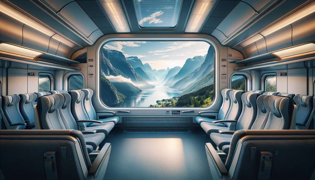 Treincoupé met uitzicht op prachtig berglandschap en meer.