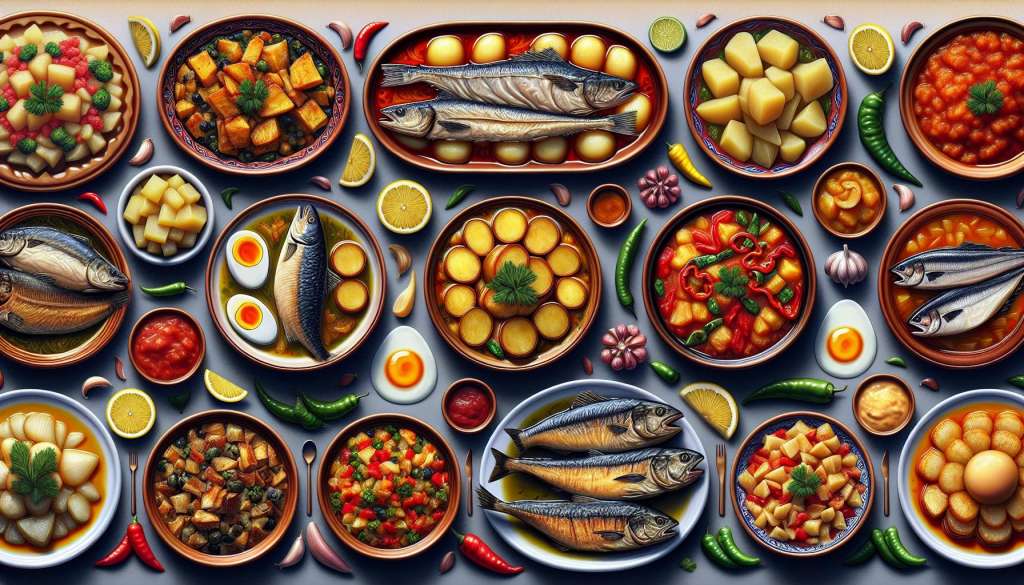 Diverse traditionele gerechten en zeevruchten op tafel.