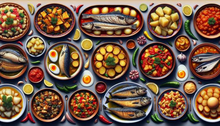 Diverse traditionele gerechten en zeevruchten op tafel.