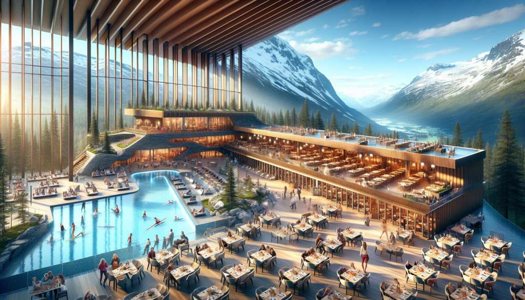 Luxe bergresort met zwembad en restaurant, panoramisch uitzicht.