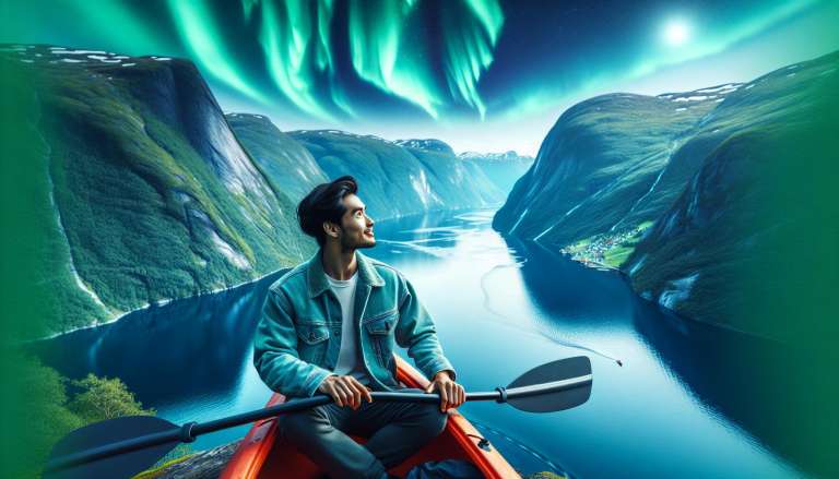 Man kajakt bij noorderlicht en fjorden in Noorwegen.