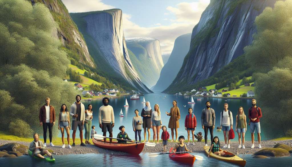 Diversiteit aan mensen bij fjord in Noorwegen.
