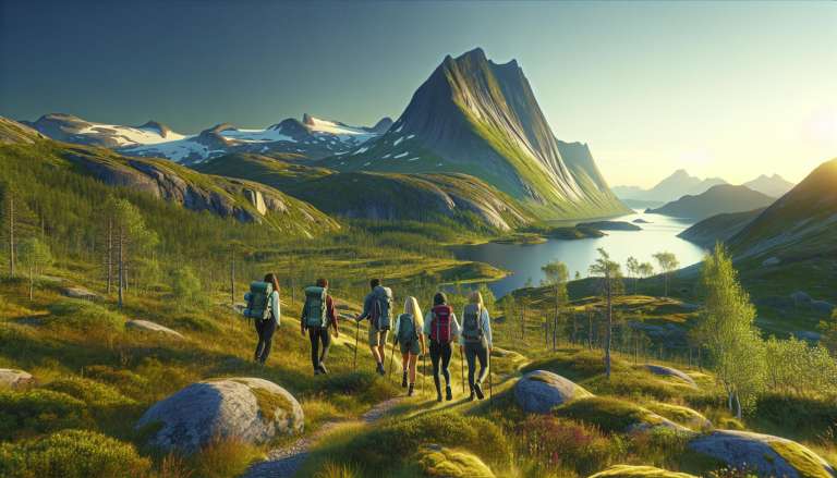 Wandelaars in Scandinavische bergen bij zonsondergang.