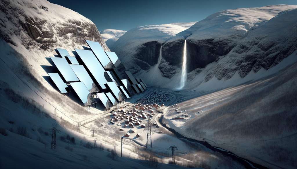 Besneeuwde vallei met waterval en futuristisch gebouw.