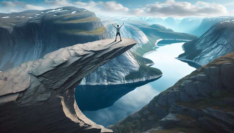 Persoon juicht op bergtop boven fjord.