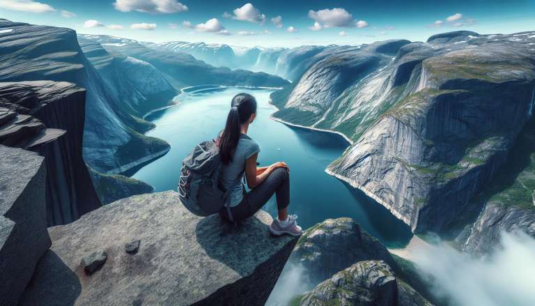 Wandelaarster geniet van uitzicht op fjord en bergen.