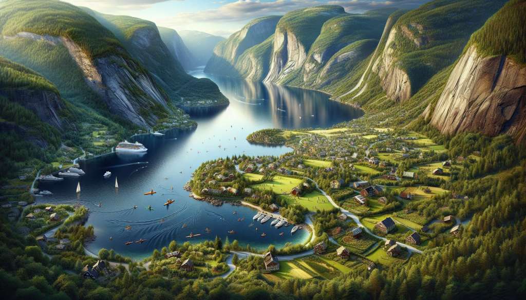 Fjordlandschap met boten en schilderachtige dorpjes