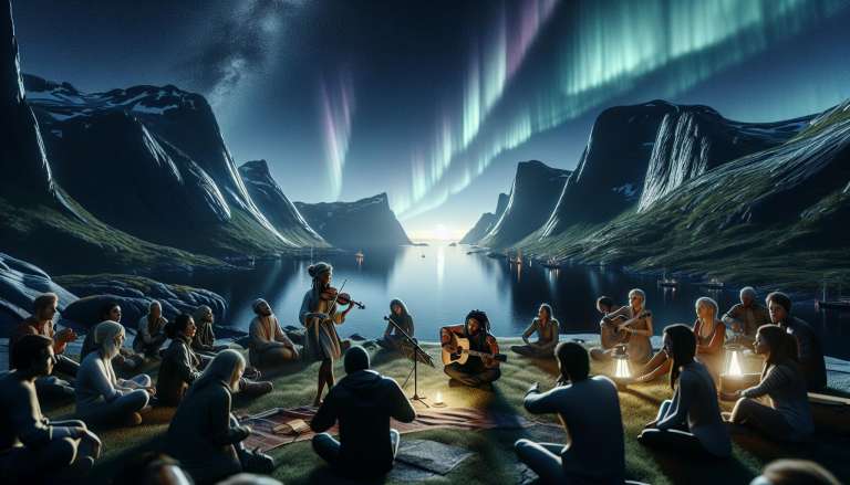 Groep geniet van muziek onder noorderlicht bij fjorden.