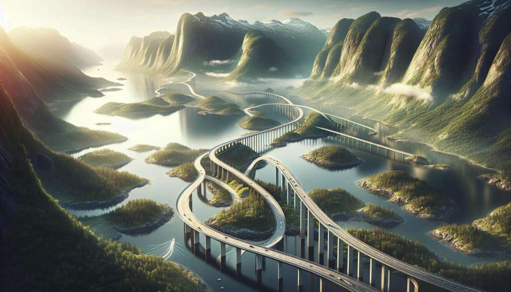 Futuristische brug over fjorden bij zonsondergang