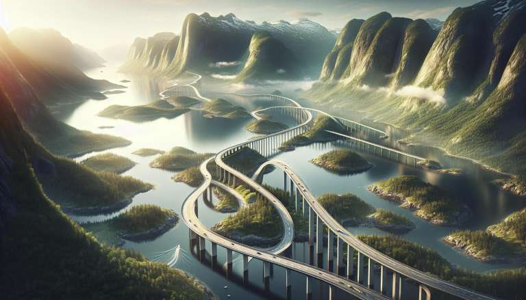 Futuristische brug over fjorden bij zonsondergang