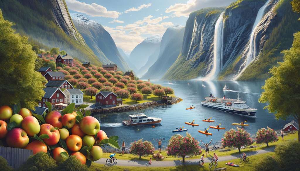 Noors fjordlandschap met watervallen, boten en bloeiende bomen.