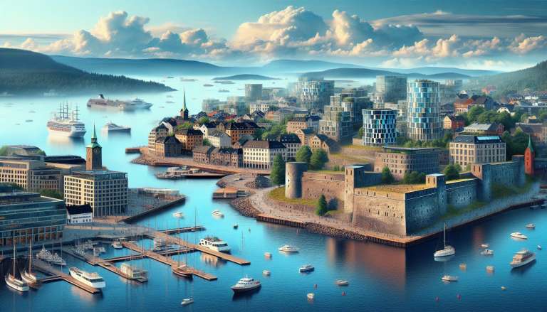 Oslo haven met boten en moderne architectuur.