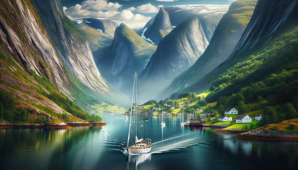 Zeilschip in majestueuze Noorse fjordlandschap.