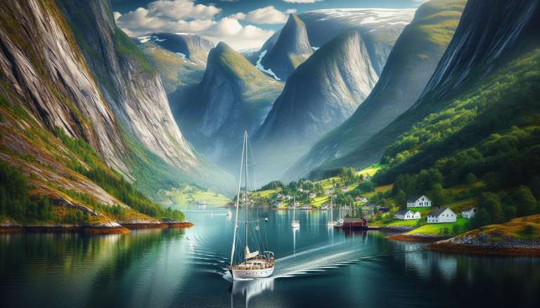 Zeilschip in majestueuze Noorse fjordlandschap.
