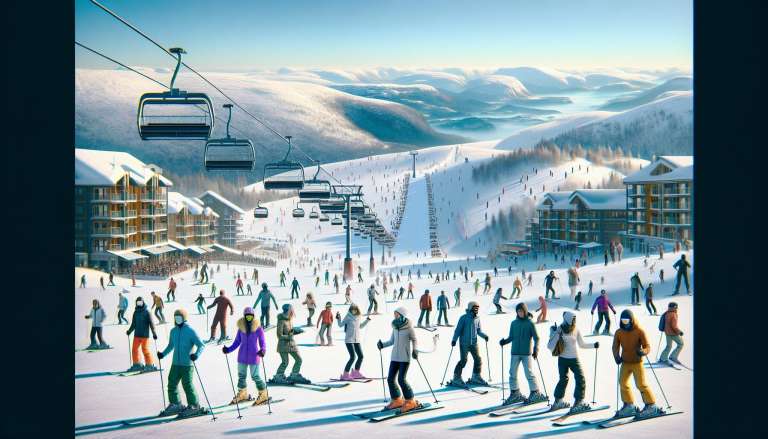 Skiërs op besneeuwde berg met skilift en resort