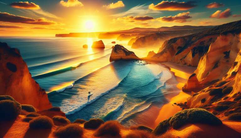 Zonsondergang bij kliffen en strand met golvend zeezicht.