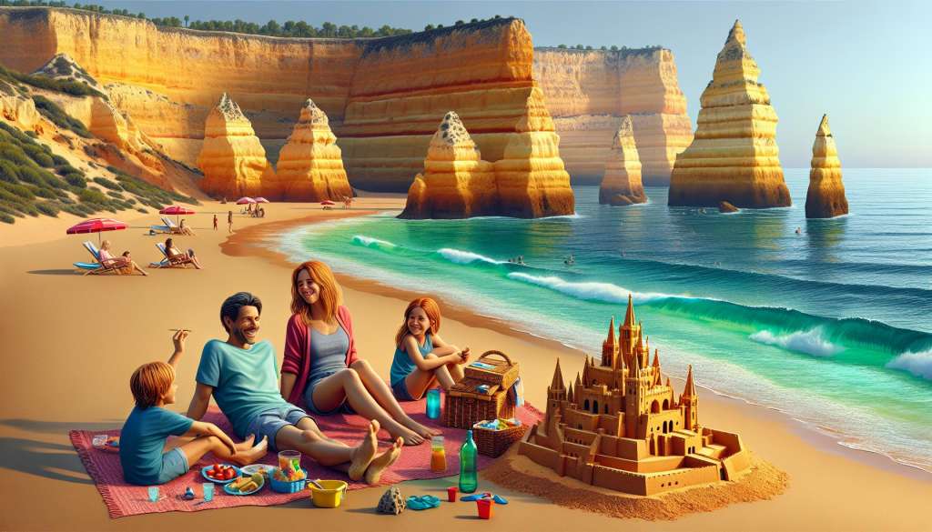 Familie geniet op zonnig strand met kliffen.