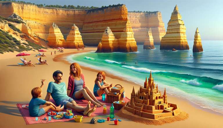 Familie geniet op zonnig strand met kliffen.