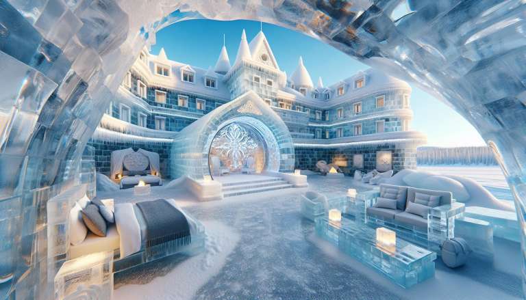 IJshotel interieur met ijssculpturen en meubilair.