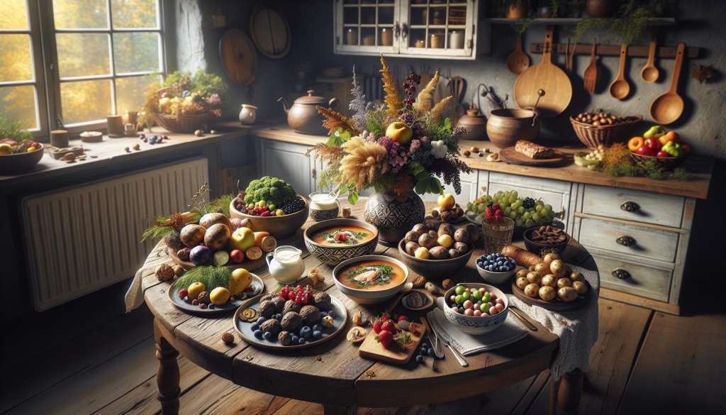 Landelijk keuken met overvloedig eten en herfstdecor.