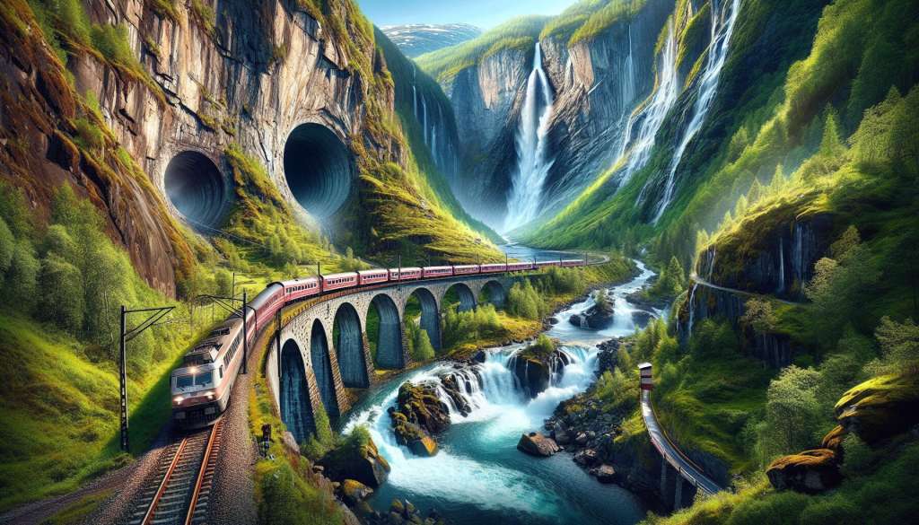 Trein op brug met watervallen en tunnels in groen landschap.