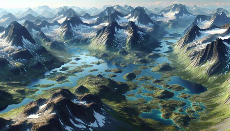 Bergachtig landschap met meren en rivieren