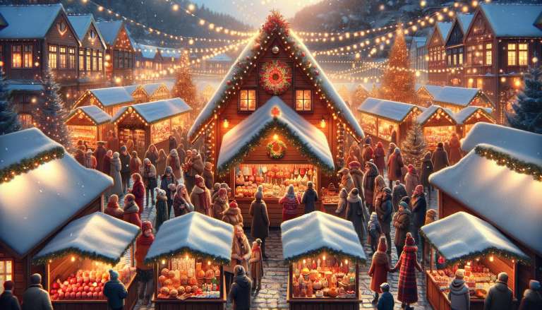 Kerstmarkt met sfeerverlichting en sneeuw.