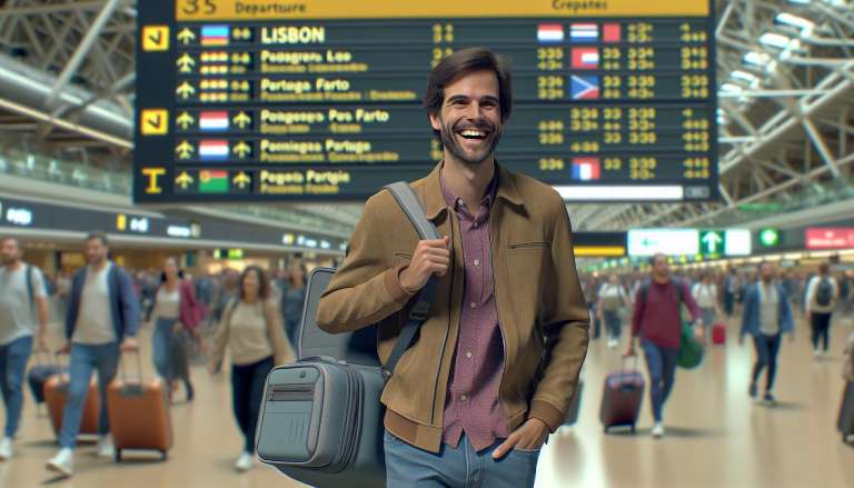Man lachend op luchthaven met vertrekbord.