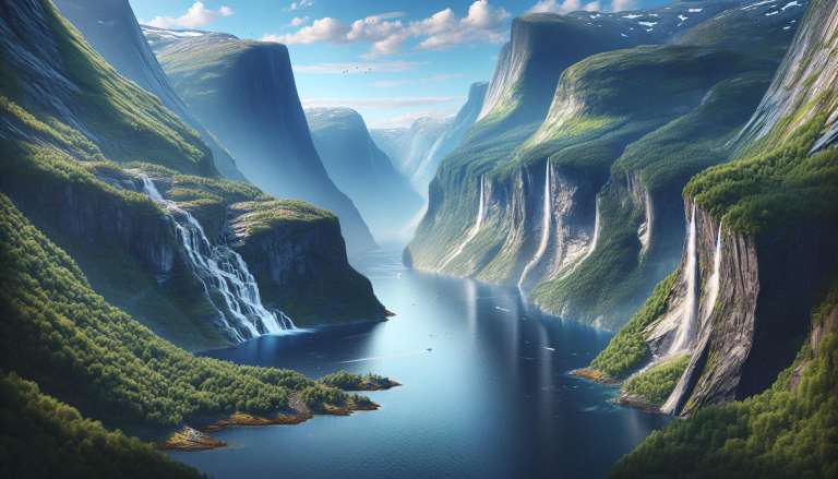 Fjord met watervallen en groen landschap
