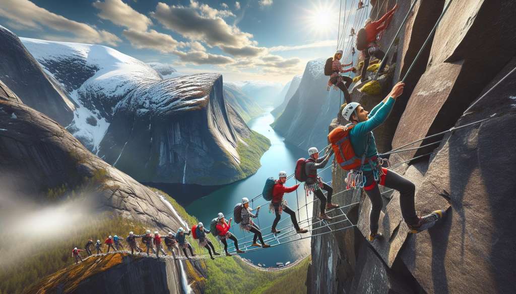 Klimmers op bergpad boven fjord.